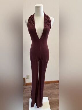 Edikted Brown Halter Flare Jumpsuit XS Open Back Y2K Clubwear